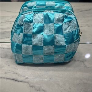 Blue Shimmer Checkered Cosmetics Bag 🩵✨